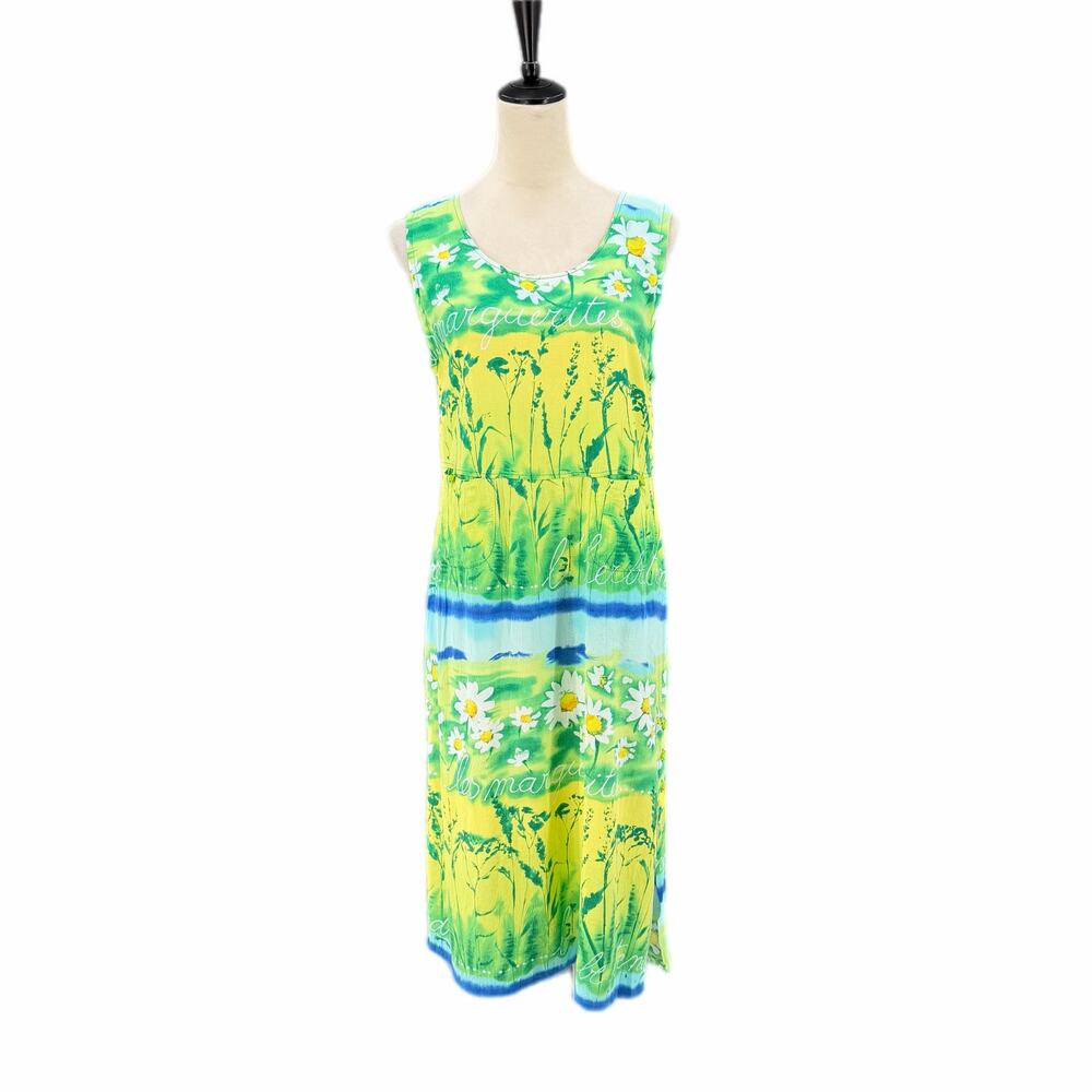 Jams World Les Marguerites Floral Bright Green Yellow Scoop Neck Tank Dress